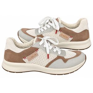 Taos Detour Neutral Suede Mesh Lace Up Comfort Walking Sneakers Sherpa Lined